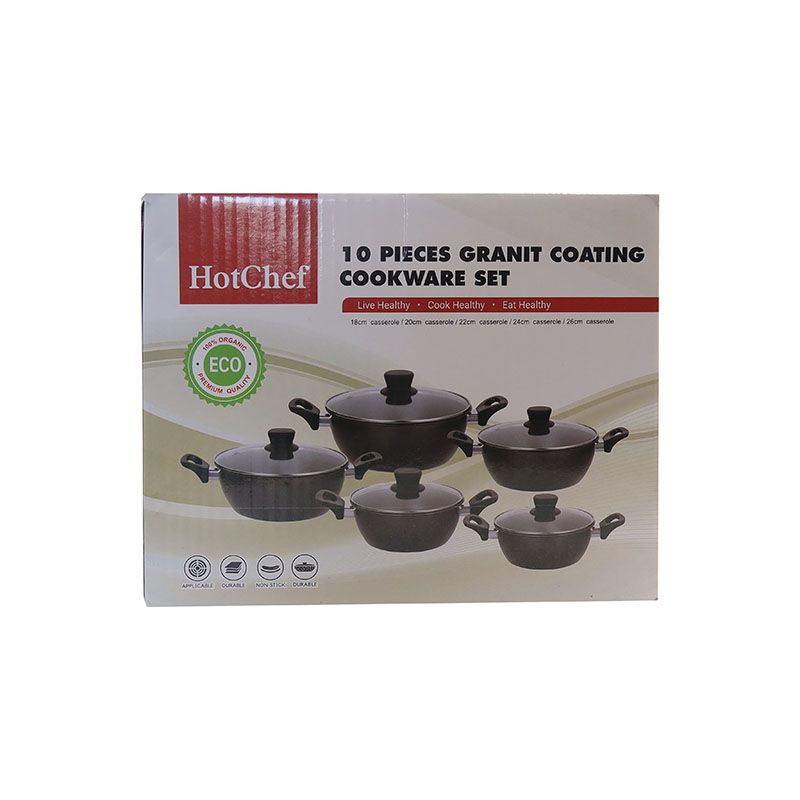 HotChef Set of 10PCS Non-stick Iron Marble Coating Cookware Set Sufuria Set Cooking Pot Set Suitable for Induction Cookers (5PCS 18/20/22/24/26CM Pots+5PCS Glass Lids)