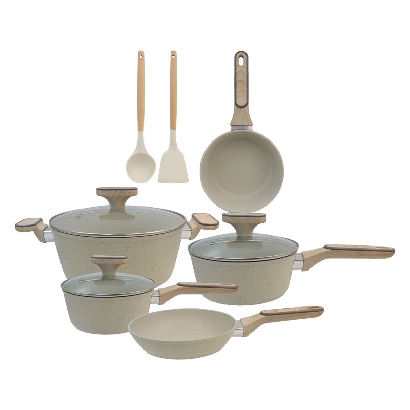 HotChef Set of 10PCS Non-stick Aluminum Marble Coating Cookware Set Sufuria Set Cooking Pot Soup Pots Set (18cm/20cm sauce pan +24cm Casserole +20cm/28 fry pan +3PCS Lids+2PCS Accessories)