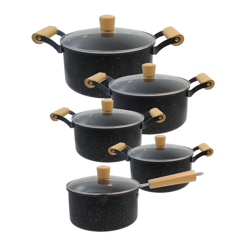 Set of 10PCS Non-stick Iron Marble Coating Cookware Set Sufuria Set Cooking Pot Set Suitable for Induction Cookers (5PCS 18/20/22/24/26CM Pots+5PCS Glass Lids)