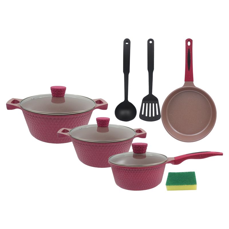 【On Sale】HotChef Set of 10PCS Non-stick Aluminum Marble Coating Cookware Set Sufuria Set Cooking Pot Soup Pots Set (3PCS 18/24/28CM Pots+1PC 24CM Pan+3PCS Lids+3PCS Accessories)