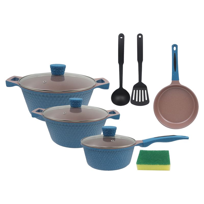 【On Sale】HotChef Set of 10PCS Non-stick Aluminum Marble Coating Cookware Set Sufuria Set Cooking Pot Soup Pots Set (3PCS 18/24/28CM Pots+1PC 24CM Pan+3PCS Lids+3PCS Accessories)