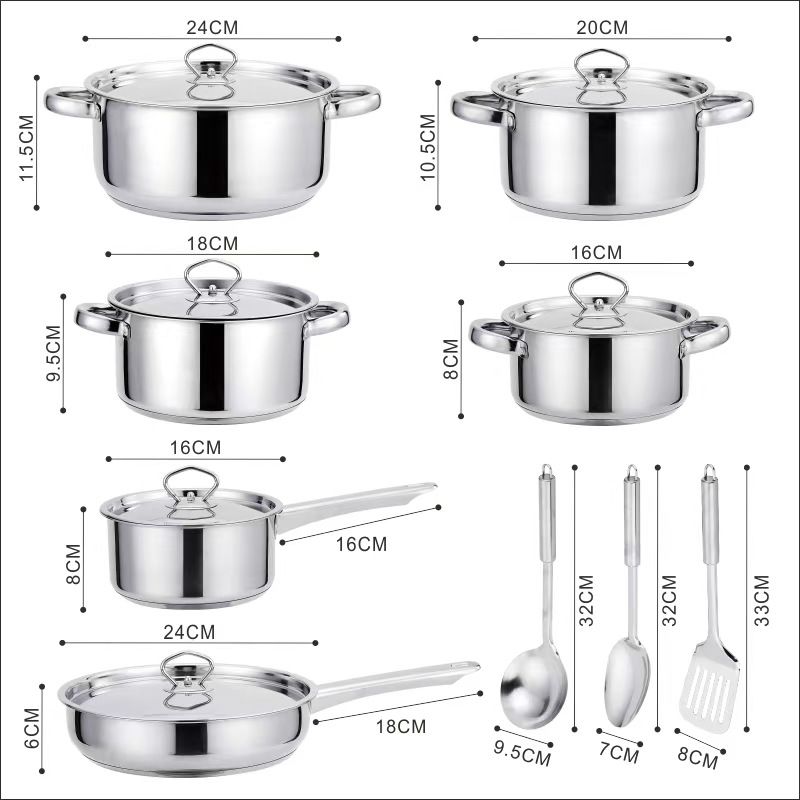 Set of 15PCS Non-stick Stainless Steel Cookware Set Cooking Pot Set Sufuria Set (6PCS 18/18/20/22/26/26 CM Pots+6PCS Stainless Steel Lids+3PCS Stainless Steel Spoon Set )