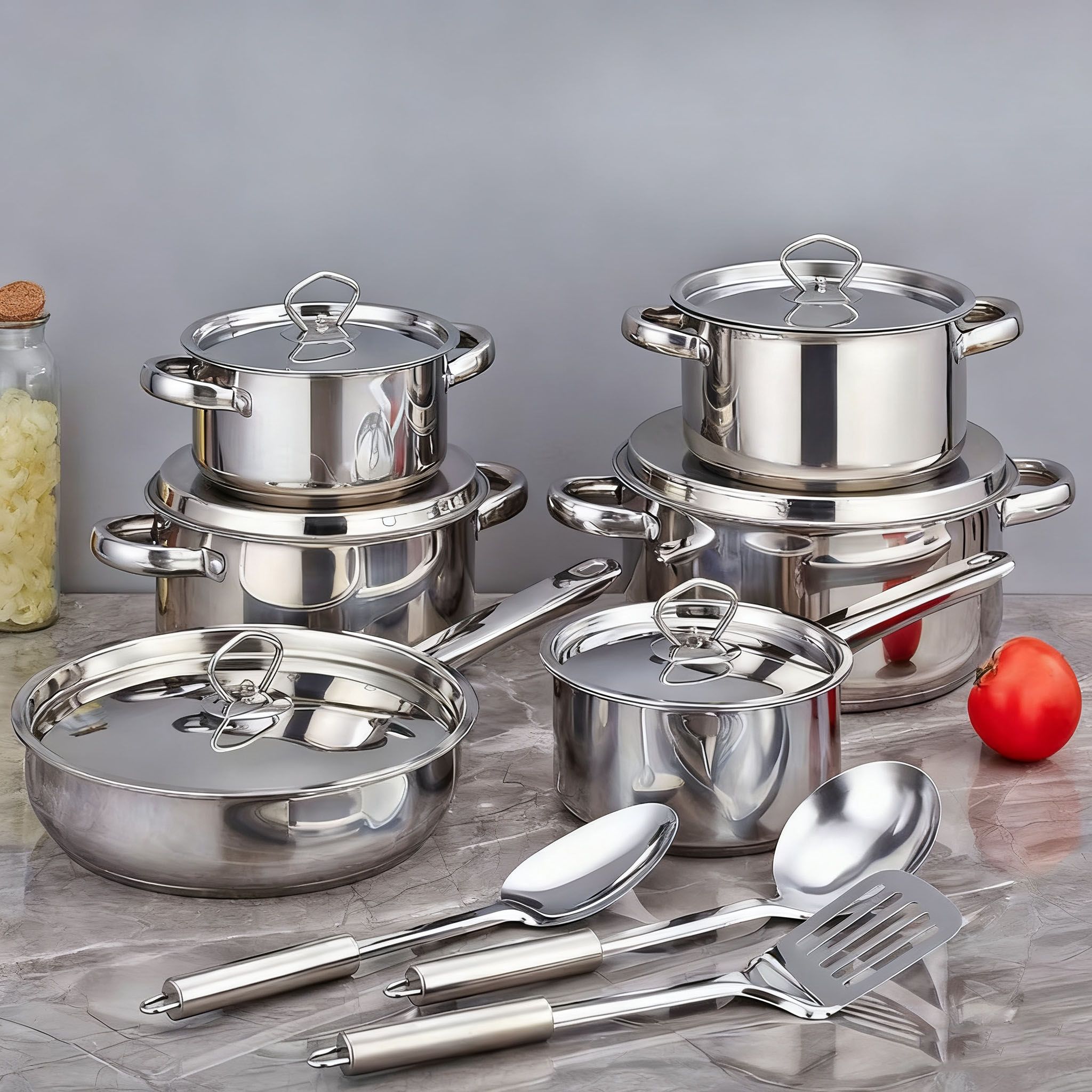 Set of 15PCS Non-stick Stainless Steel Cookware Set Cooking Pot Set Sufuria Set (6PCS 18/18/20/22/26/26 CM Pots+6PCS Stainless Steel Lids+3PCS Stainless Steel Spoon Set )