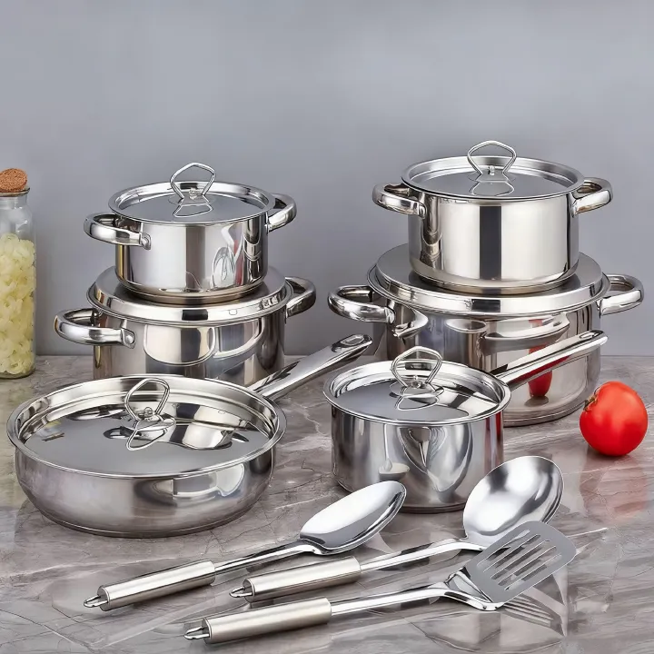 Set of 15PCS Non-stick Stainless Steel Cookware Set Cooking Pot Set Sufuria Set (6PCS 18/18/20/22/26/26 CM Pots+6PCS Stainless Steel Lids+3PCS Stainless Steel Spoon Set )