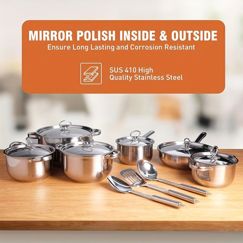 Set of 15PCS Non-stick Stainless Steel Cookware Set Cooking Pot Set Sufuria Set (6PCS 18/18/20/22/26/26 CM Pots+6PCS Stainless Steel Lids+3PCS Stainless Steel Spoon Set )