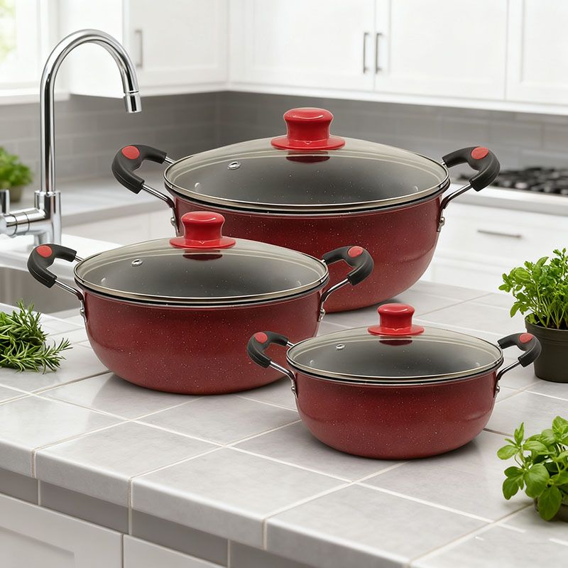 HotChef Set of 6PCS Non-stick Iron Cookware Set  Sufuria Set Cooking Pot Soup Pots Set Suitable for Induction Cookers (3PCS 22/24/26CM Pots+3PCS Lids) TTG102