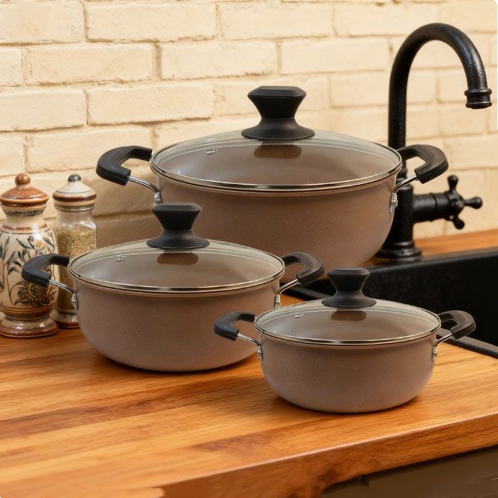 HotChef Set of 6PCS Non-stick Iron Marble Coating Cookware Set  Sufuria Set Cooking Pot Soup Pots Set Suitable for Induction Cookers (3PCS 22/24/26CM Pots+3PCS Lids) TTG123