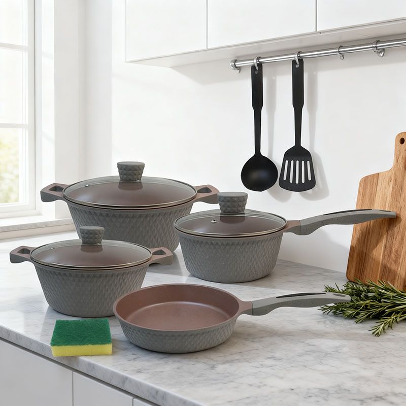 【On Sale】HotChef Set of 10PCS Non-stick Aluminum Marble Coating Cookware Set Sufuria Set Cooking Pot Soup Pots Set (3PCS 18/24/28CM Pots+1PC 24CM Pan+3PCS Lids+3PCS Accessories)