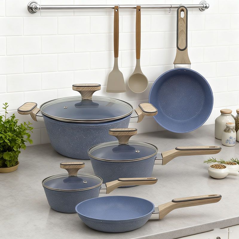 HotChef Set of 10PCS Non-stick Aluminum Marble Coating Cookware Set Sufuria Set Cooking Pot Soup Pots Set (18cm/20cm sauce pan +24cm Casserole +20cm/28 fry pan +3PCS Lids+2PCS Accessories)