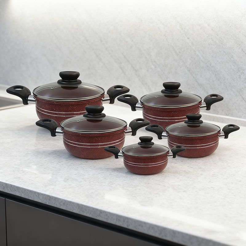 【On Sale】HotChef Set of 10PCS Non-stick Aluminum Marble Coating Die Casting Cookware Set Sufuria Set Cooking Pot Soup Pots Set (5PCS 18/20/22/24/26CM Pots+5PCS Lids)