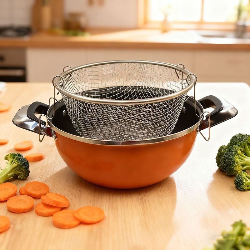 HotChef Set of 2PCS  24CM Non-stick  Iron Multipurpose Pot Deep Fry Pan  With Convenient Fry Basket Suitable for Induction Cookers