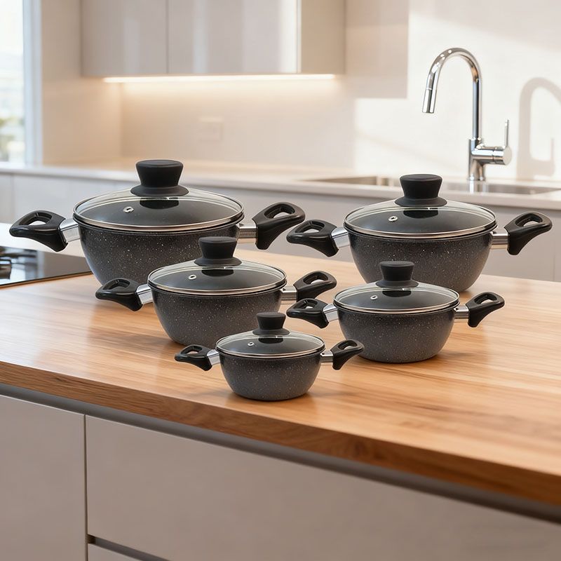 HotChef Set of 10PCS Non-stick Iron Marble Coating Cookware Set Sufuria Set Cooking Pot Set Suitable for Induction Cookers (5PCS 18/20/22/24/26CM Pots+5PCS Glass Lids)