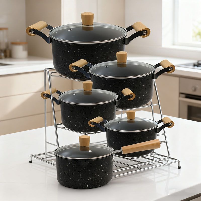 Set of 10PCS Non-stick Iron Marble Coating Cookware Set Sufuria Set Cooking Pot Set Suitable for Induction Cookers (5PCS 18/20/22/24/26CM Pots+5PCS Glass Lids)