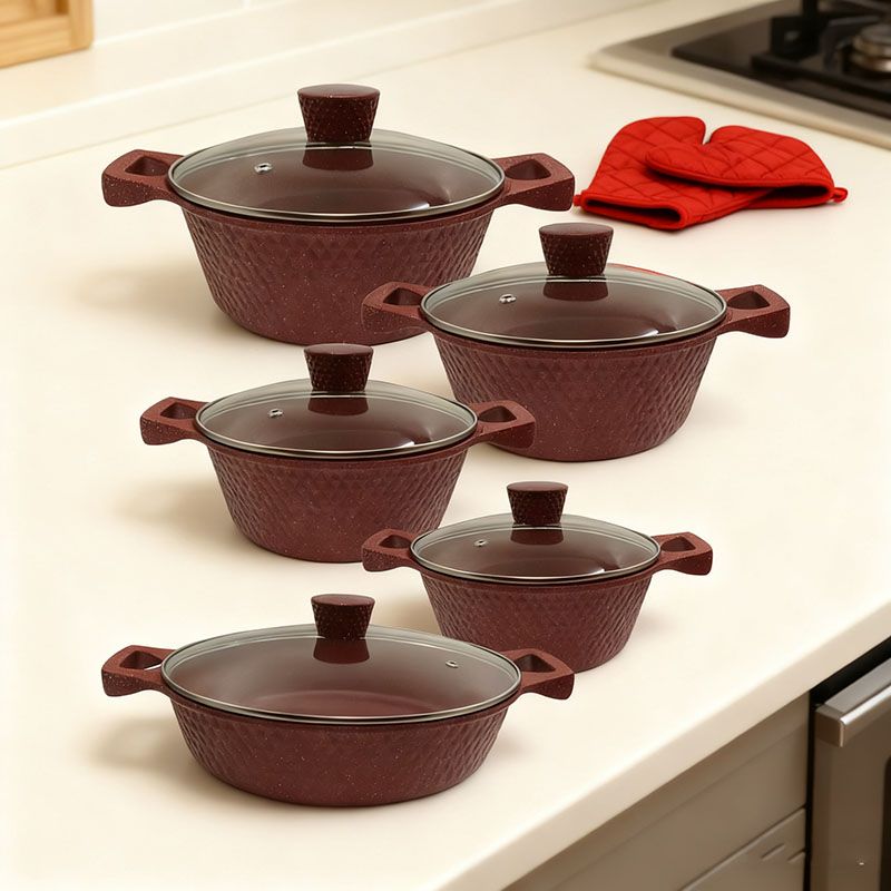 【On Sale】HotChef  Set of 12PCS Non-Stick Thickened and Large Size Die Cast Aluminum Cookware Set  Marble Coating Sufuria Set Cooking Pot Set (5PCS 20/24/28/28/32CM Pots+5PCS Lids +2PCS Gloves)