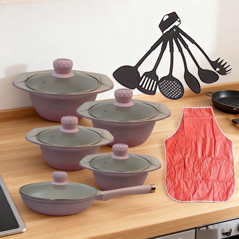 HotChef Set of 17PCS Non-stick Die Cast Aluminum Marble Coating  Cookware Set Sufuria Set Cooking Pot  Set  Casserole and Fry Pan Set Ceramic Co(5PCS 18/20/22/24/26CM Pots+5PCS Lids +3PCS Accessories)
