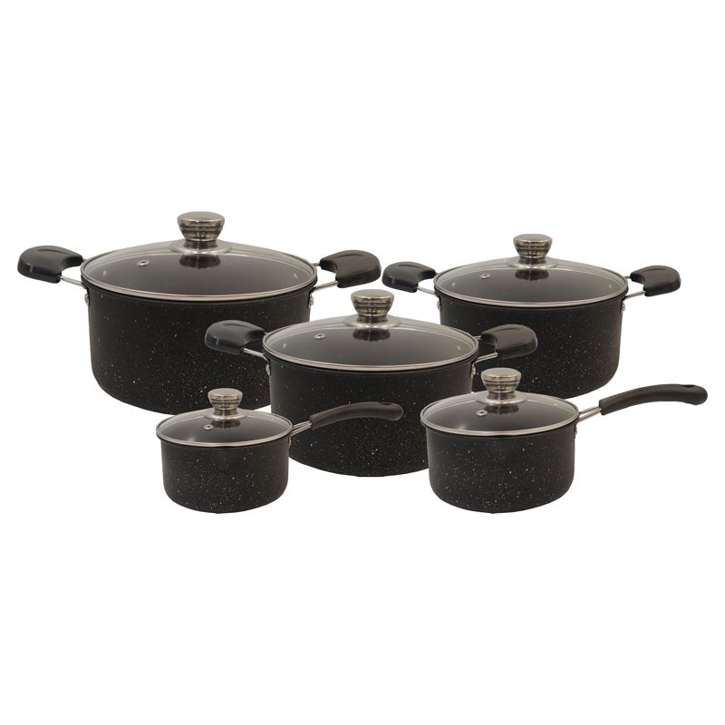Set of 10PCS Non-stick Iron Marble Coating Cookware Set Sufuria Set Cooking Pot Set Suitable for Induction Cookers (5PCS 16/18/20/22/24CM Pots+5PCS Glass Lids)
