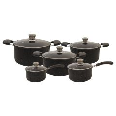 Set of 10PCS Non-stick Iron Marble Coating Cookware Set Sufuria Set Cooking Pot Set Suitable for Induction Cookers (5PCS 16/18/20/22/24CM Pots+5PCS Glass Lids)