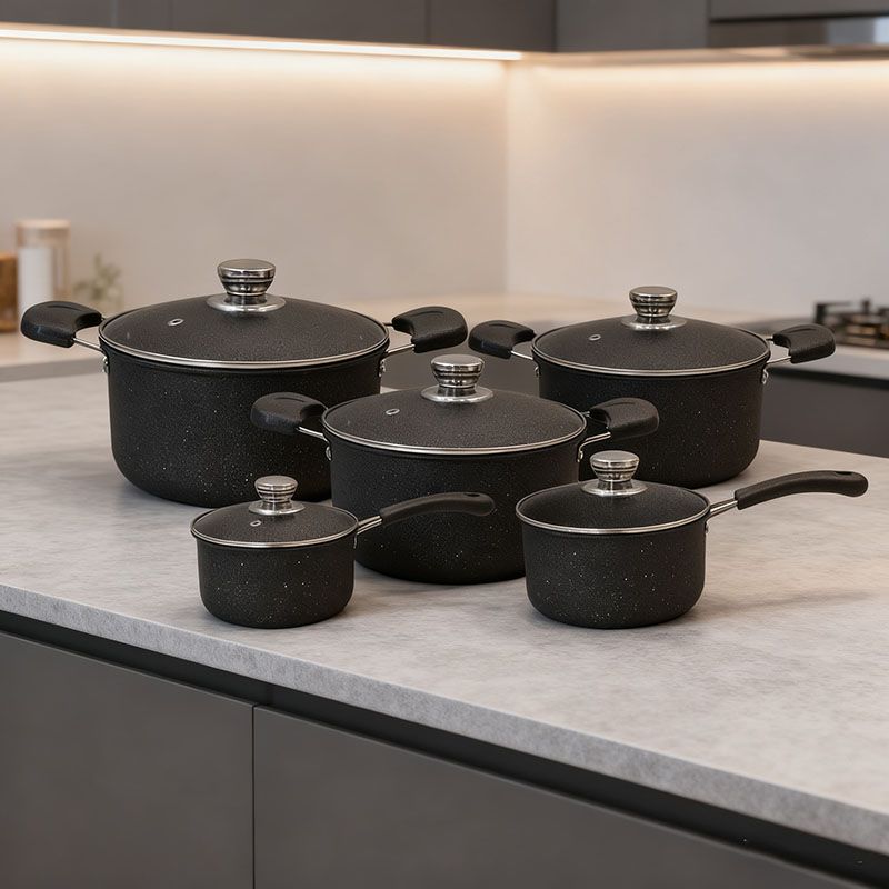 Set of 10PCS Non-stick Iron Marble Coating Cookware Set Sufuria Set Cooking Pot Set Suitable for Induction Cookers (5PCS 16/18/20/22/24CM Pots+5PCS Glass Lids)
