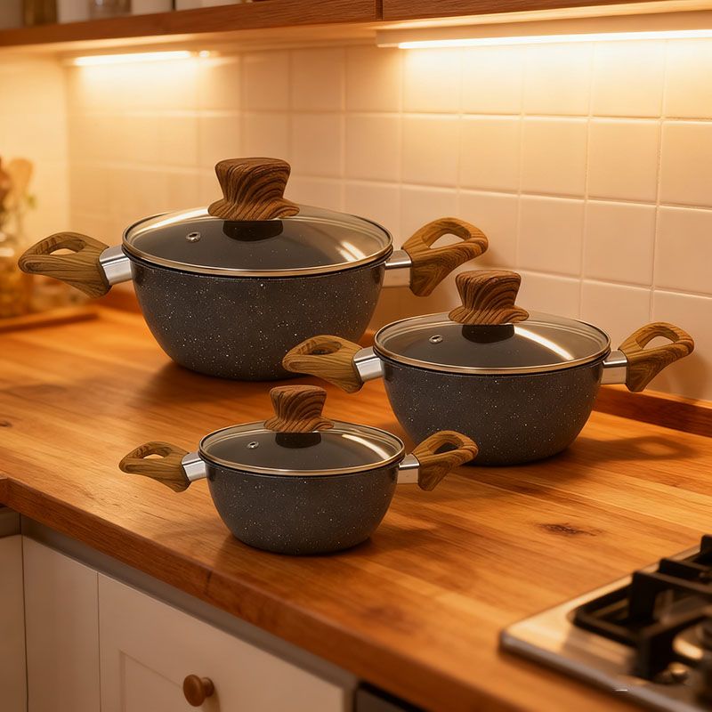 HotChef  Set of  6PCS  Non-stick Iron Marble Coating Cookware Set  Sufuria Set Cooking Pot Soup Pots Set Suitable for Induction Cookers (3PCS 18/20/22CM Pots+3PCS Lids) TTG160