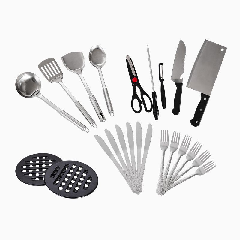 Set of 35PCS Non-stick Stainless Steel Cookware Set Cooking Pot Set Sufuria Set (18-18-20-22-26-26 pots+6PCS Lids+ 23PCS Stainless Steel Spoon fork Knife Spatula Set)