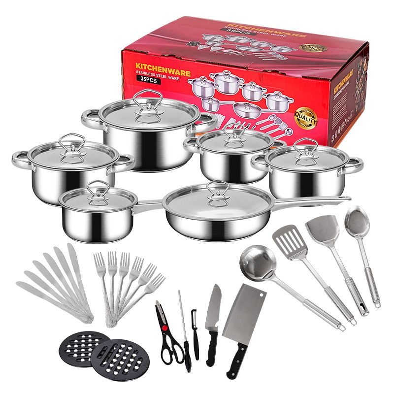 Set of 35PCS Non-stick Stainless Steel Cookware Set Cooking Pot Set Sufuria Set (18-18-20-22-26-26 pots+6PCS Lids+ 23PCS Stainless Steel Spoon fork Knife Spatula Set)