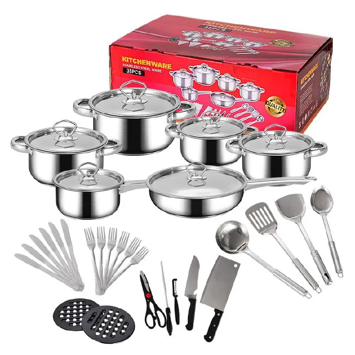 Set of 35pcs Non-stick Stainless Steel Cookware Set Cooking Pot Set Sufuria Set (6pcs 18-18-20-22-26-26 Pots+6pcs Lids+ 23pcs Accessories Include Spoons forks Knife Spatula  Heat Insulation Pad)