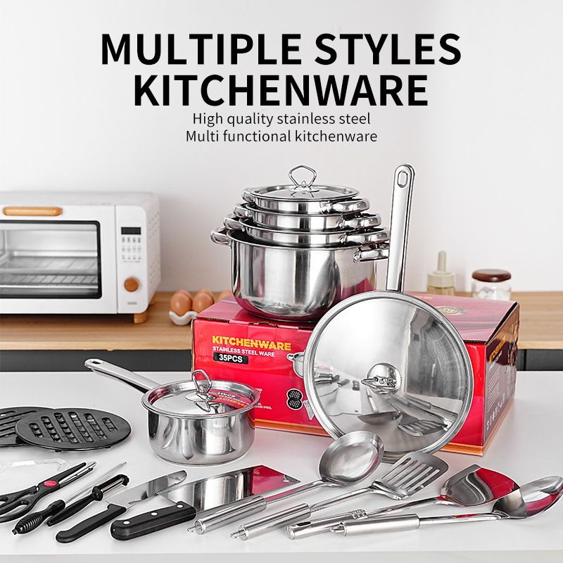 Set of 35PCS Non-stick Stainless Steel Cookware Set Cooking Pot Set Sufuria Set (18-18-20-22-26-26 pots+6PCS Lids+ 23PCS Stainless Steel Spoon fork Knife Spatula Set)
