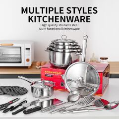 Set of 35pcs Non-stick Stainless Steel Cookware Set Cooking Pot Set Sufuria Set (6pcs 18-18-20-22-26-26 Pots+6pcs Lids+ 23pcs Accessories Include Spoons forks Knife Spatula  Heat Insulation Pad)