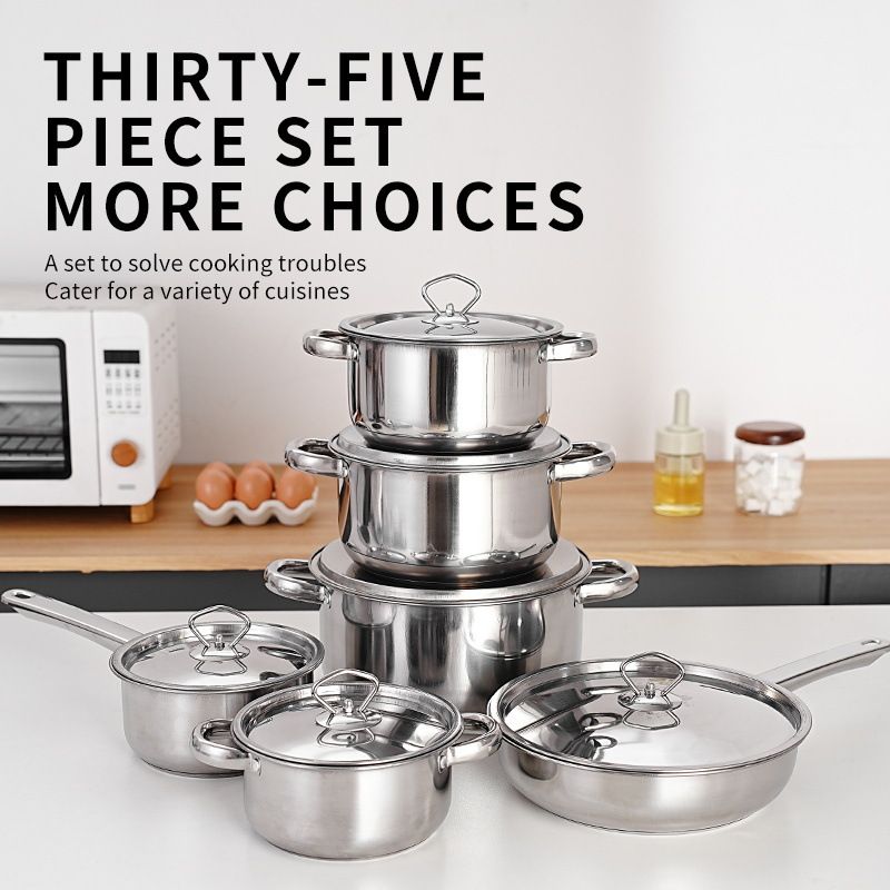 Set of 35PCS Non-stick Stainless Steel Cookware Set Cooking Pot Set Sufuria Set (18-18-20-22-26-26 pots+6PCS Lids+ 23PCS Stainless Steel Spoon fork Knife Spatula Set)
