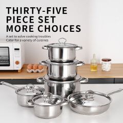 Set of 35pcs Non-stick Stainless Steel Cookware Set Cooking Pot Set Sufuria Set (6pcs 18-18-20-22-26-26 Pots+6pcs Lids+ 23pcs Accessories Include Spoons forks Knife Spatula  Heat Insulation Pad)