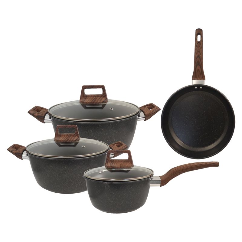 HotChef Set of 7PCS Non-stick Iron Die Casting Medical Stone  Coating Cookware Set Sufuria Set Cooking Pot Soup Pots Set Suitable for Induction Cookers(3PCS 18/20/24CM Pots+1PC 24CM Pan+3PCS Lids)