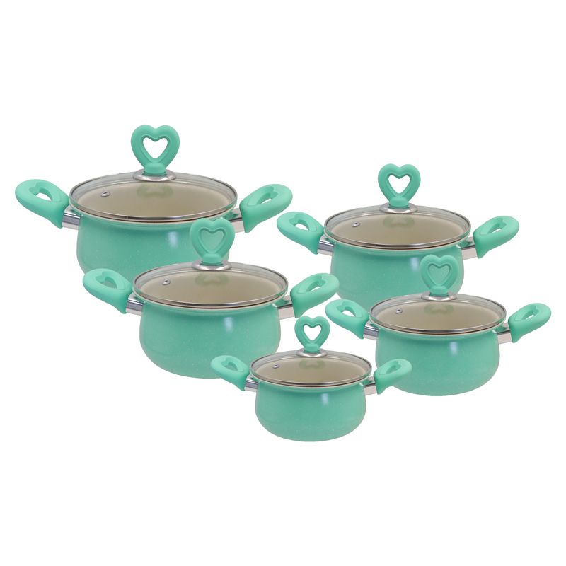 HotChef Set of 10PCS Non-stick Iron Marble Coating Cookware Set Sufuria Set Cooking Pot Set Suitable for Induction Cookers (5PCS 18/20/22/24/26CM Casseroles +5PCS Glass Lids)