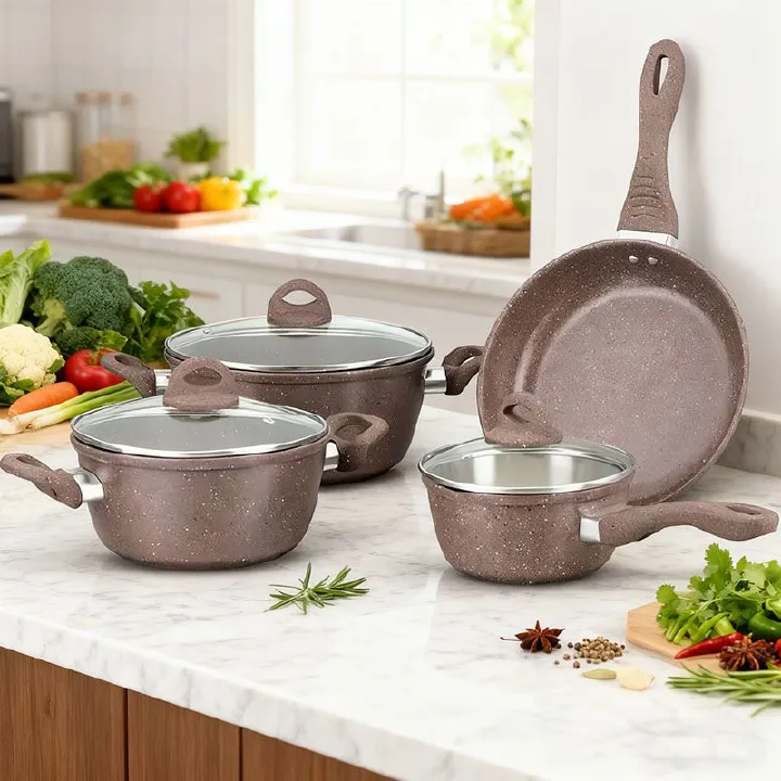 【On Sale】HotChef  Set of  7PCS  Non-stick  Die-cast Marble Iron Cookware Set Cooking Pot Set Sufuria Set  Suitable for induction cookers (3PCS 16/20/24CM Pots +1PC 24CM Pan +3PCS Glass Lids)