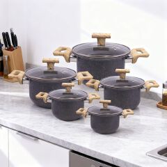 【On Sale】HotChef 10PCS Seamless One-Piece Granite Coated Non-Stick Cookware Set (5PCS 18-26CM Pots+5PCS Lids) | PFOA-Free | All Cooktops Ready | For Soups/Stews/Daily Cooking | HotChef Sufuria Set