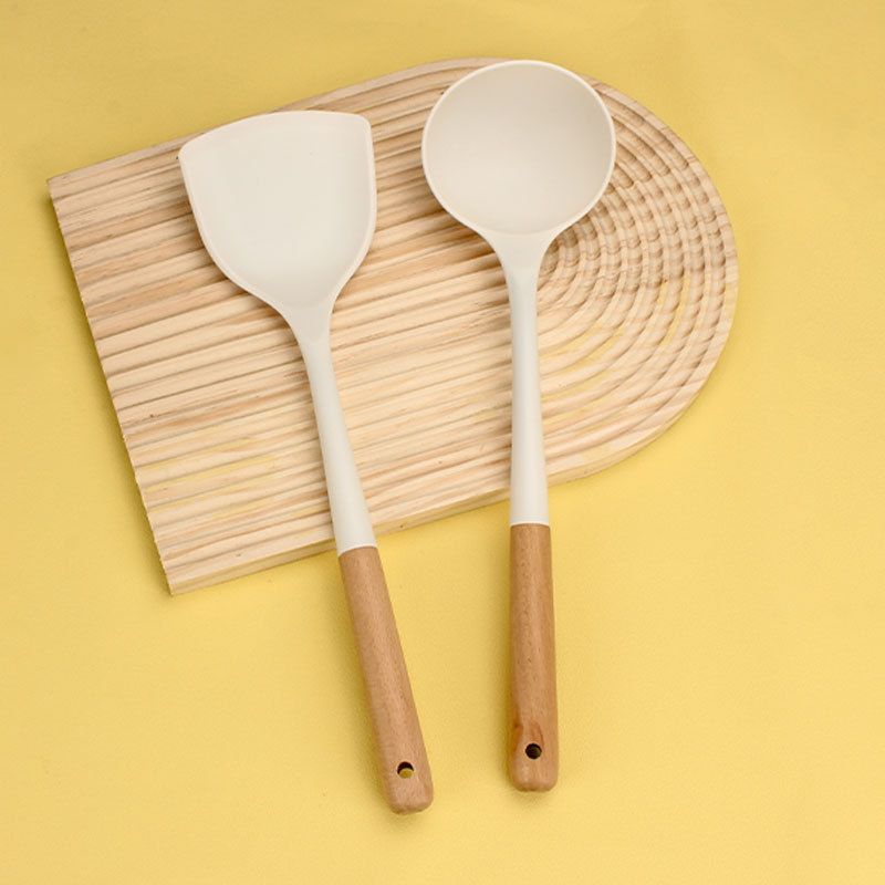 Set of 2PCS  Cookware Wooden Handle Silicone Spatula Kitchen Non-Stick Cooking Silicone Spatula Spoon Set Household Cooking Spatula Soup Spoon