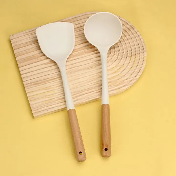 Set of 2PCS  Cookware Wooden Handle Silicone Spatula Kitchen Non-Stick Cooking Silicone Spatula Spoon Set Household Cooking Spatula Soup Spoon