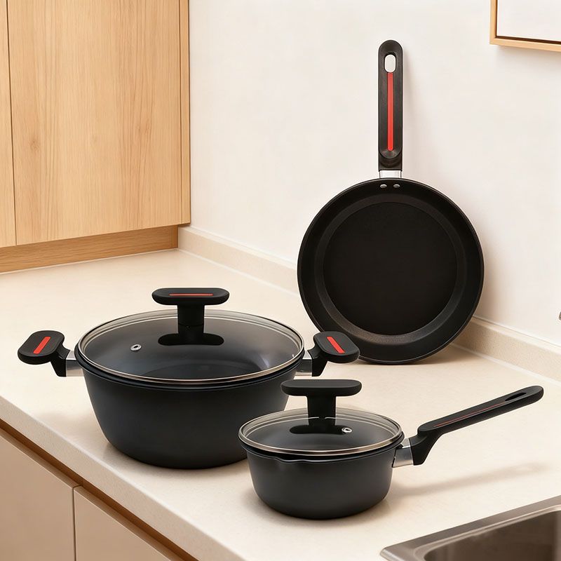 HotChef Set of 5PCS Non-stick Iron Die-cast Cookware Set  Sufuria Set Cooking Pot Soup Pots Set Suitable for Induction Cookers (1PC 116cm sauce pan +1PC 24cm Casserole + 1PC 24CM Pan+2PCS Glass Lids)