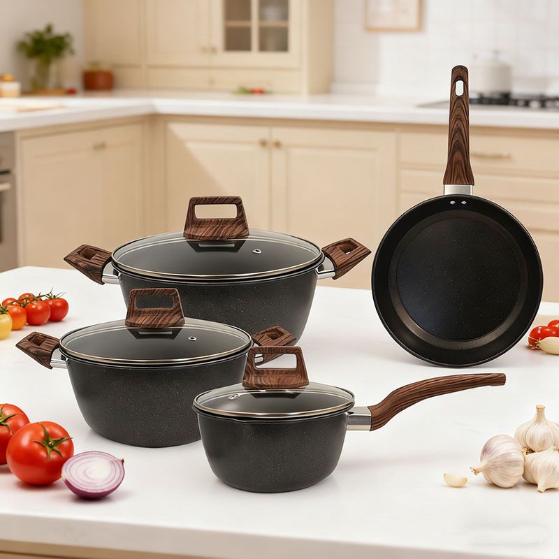 HotChef Set of 7PCS Non-stick Iron Die Casting Medical Stone  Coating Cookware Set Sufuria Set Cooking Pot Soup Pots Set Suitable for Induction Cookers(3PCS 18/20/24CM Pots+1PC 24CM Pan+3PCS Lids)