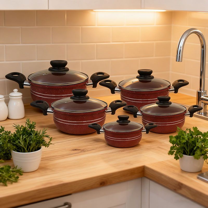 【On Sale】HotChef Set of 10PCS Non-stick Aluminum Marble Coating Die Casting Cookware Set Sufuria Set Cooking Pot Soup Pots Set (5PCS 18/20/22/24/26CM Pots+5PCS Lids)