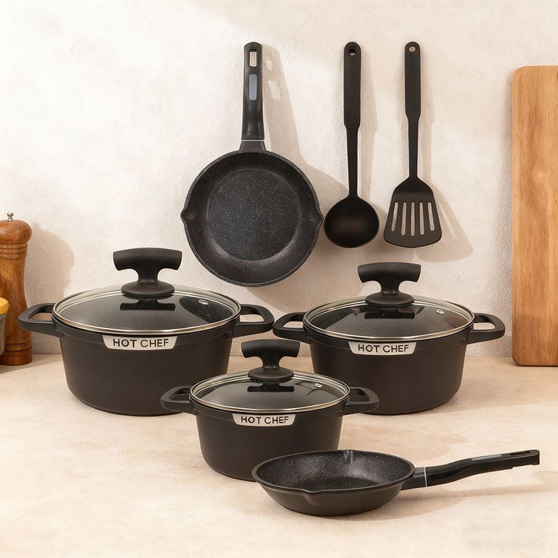 HotChef Set of 10PCS Non-Stick  Die Cast Aluminum Cookware Set Marble Coating Sufuria Set Cooking Pot Set (3PCS 20/24/28 Pots+2PCS 24/28CM Pans + 3PCS Lids +2PCS Accessories)