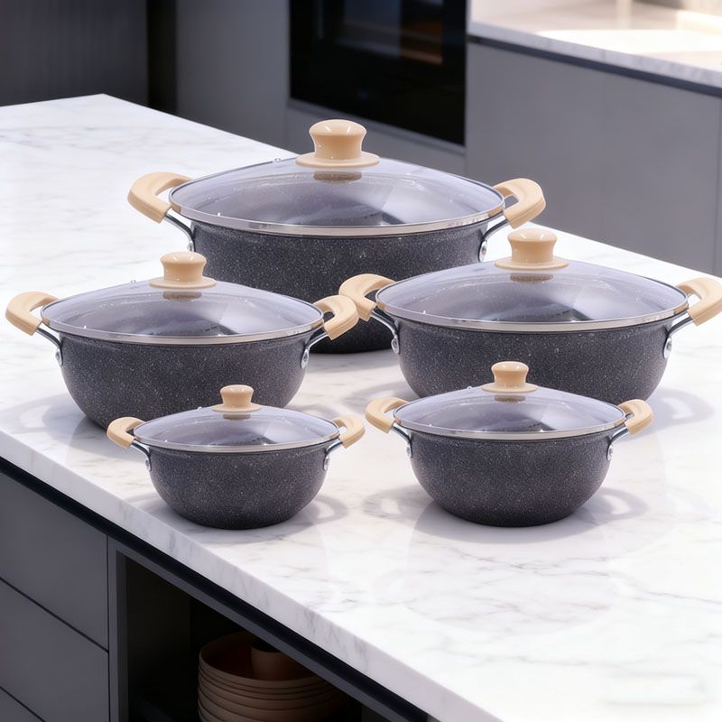 HotChef 10pcs  Natural Marble Coat Non-stick Iron Cookware Set Sufuria Set Cooking Pot Set  (5PCS 18/20/22/24/26CM Pots+5PCS Lids) - PFOA-Free Even Heating Easy to Clean Adaptable to Various Stoves
