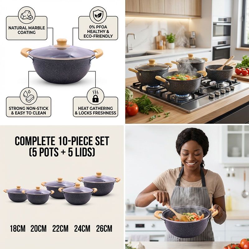 HotChef 10pcs  Natural Marble Coat Non-stick Iron Cookware Set Sufuria Set Cooking Pot Set  (5PCS 18/20/22/24/26CM Pots+5PCS Lids) - PFOA-Free Even Heating Easy to Clean Adaptable to Various Stoves