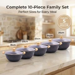 HotChef  TTG164 Sufuria Set 10PCS Marble Coated PFOA-Free Non-Stick Cooking Pot Set (5PCS 18-26cm+5PCS Lids) | Even Heating & Easy Clean | For Soups/Stews/Daily Cooking | Iron Cookware Set