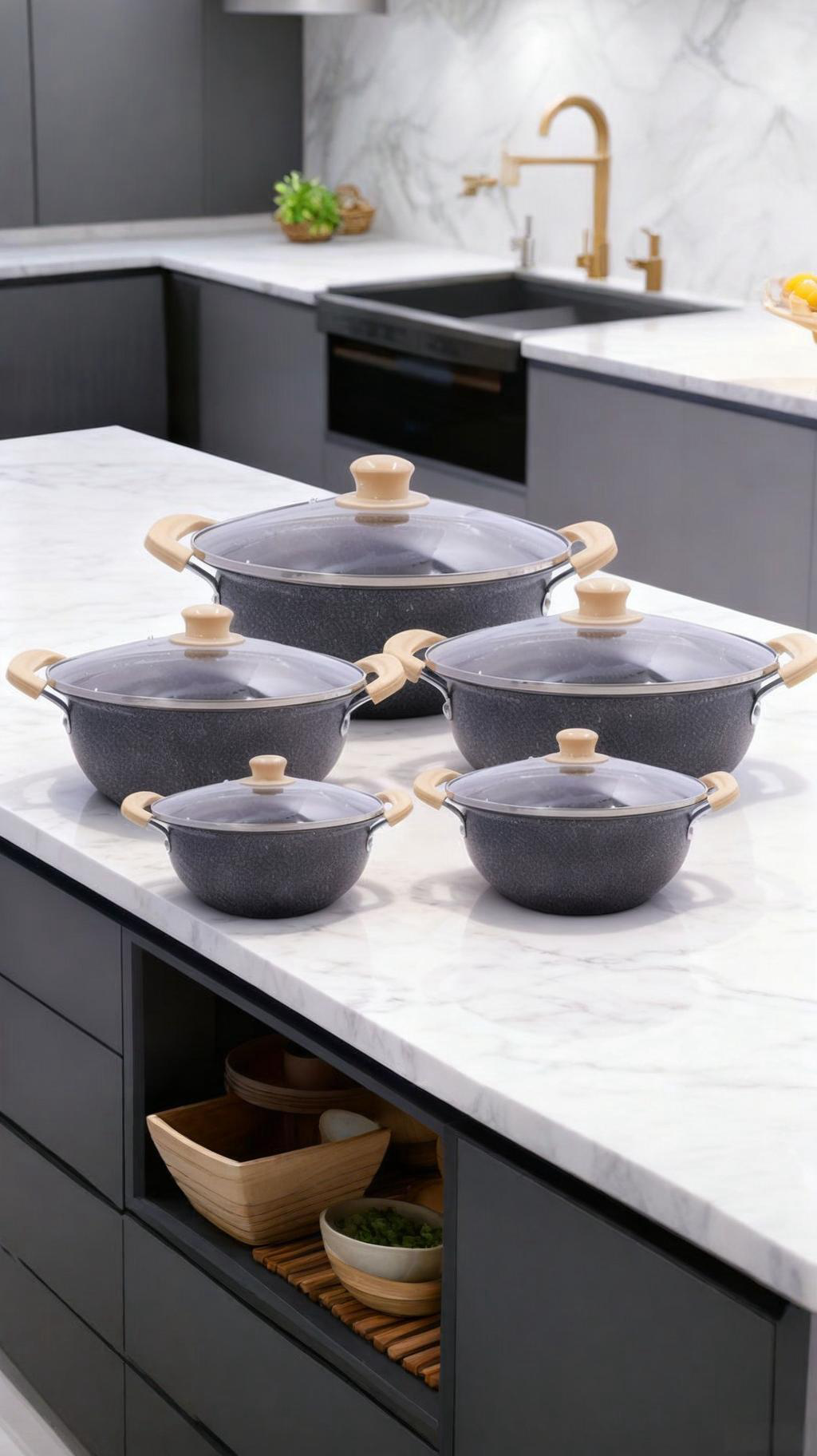 🎁Free Gift | 10PCS Marble Coated PFOA-Free Non-Stick Cooking Pot Set (5PCS 18-26cm+5PCS Lids) | Even Heating & Easy Clean | For Soups/Stews/Daily Cooking | Iron Cookware Set | HotChef Sufuria Set