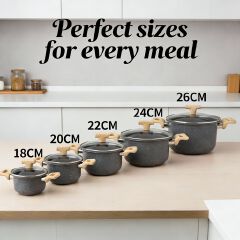 【On Sale】HotChef 10PCS Seamless One-Piece Granite Coated Non-Stick Cookware Set (5PCS 18-26CM Pots+5PCS Lids) | PFOA-Free | All Cooktops Ready | For Soups/Stews/Daily Cooking | HotChef Sufuria Set