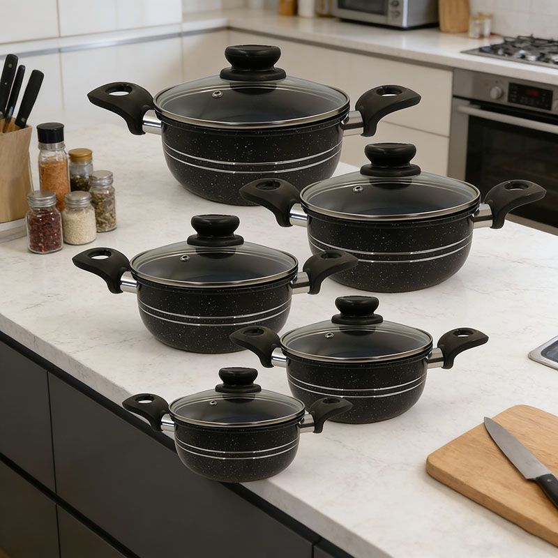 【On Sale】HotChef Set of 10PCS Non-stick Aluminum Marble Coating Die Casting Cookware Set Sufuria Set Cooking Pot Soup Pots Set (5PCS 18/20/22/24/26CM Pots+5PCS Lids)