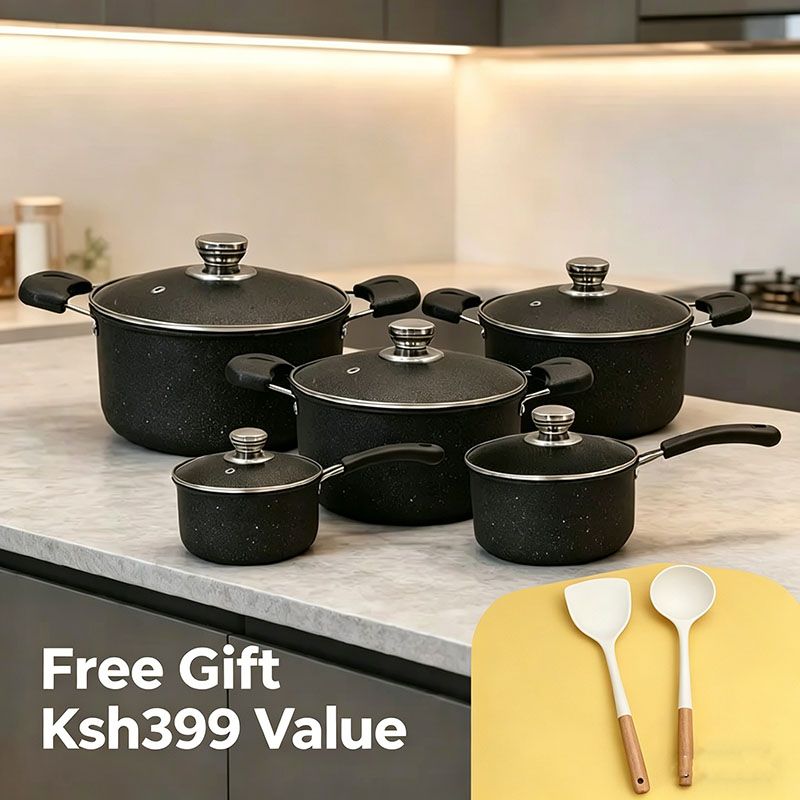 Set of 10PCS Non-stick Iron Marble Coating Cookware Set Sufuria Set Cooking Pot Set Suitable for Induction Cookers (5PCS 16/18/20/22/24CM Pots+5PCS Glass Lids)