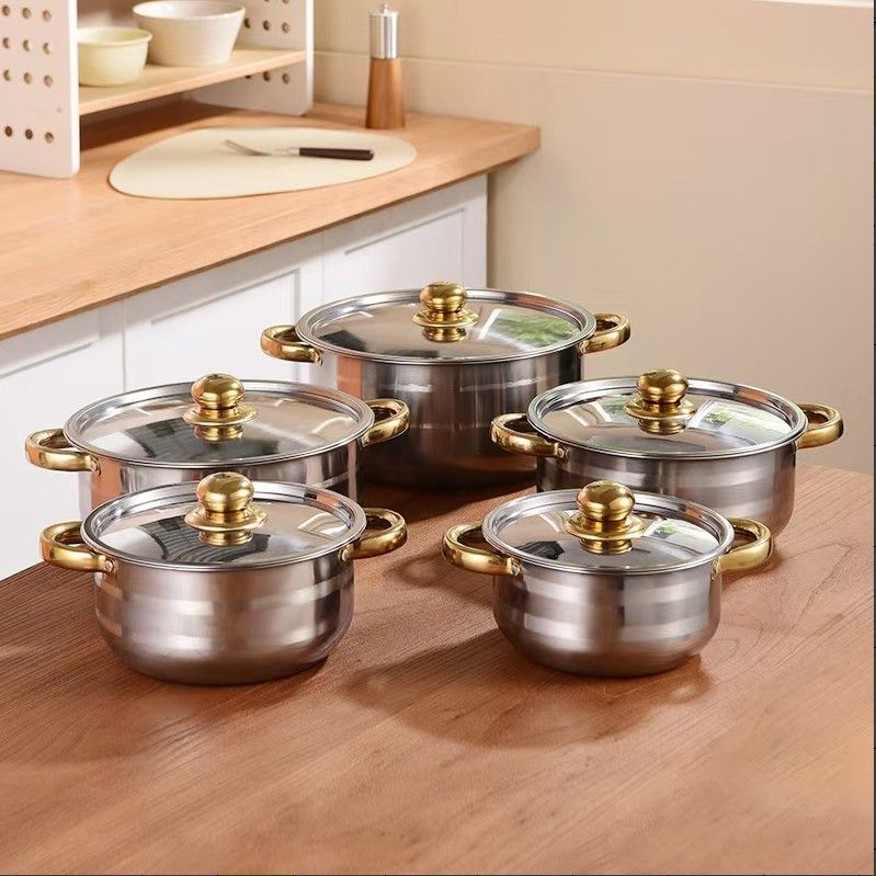 Set of 10PCS Non-stick Stainless Steel Cookware Set Cooking Pot Set Sufuria Set (5PCS 18/20/22/24/26 CM Pots+5PCS Stainless Steel Lids)