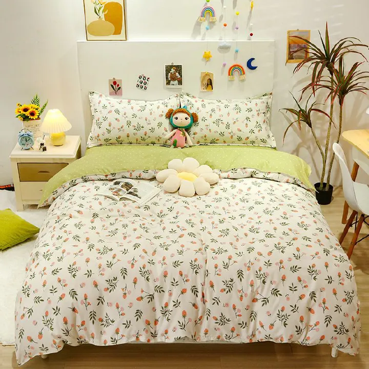 3/4pcs 100% Washed Cotton Duvet Cover Set (NO Duvet&Pillow) Flower Printed Autumn Comforter Cover Set Twin Size Soft Breathable Bedding Set