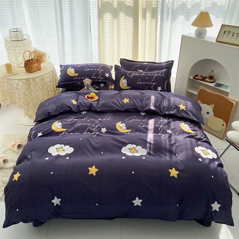 3/4pcs 100% Washed Cotton Duvet Cover Set (NO Duvet&Pillow) Star Moon Night Print Soft Breathable Bedding Set